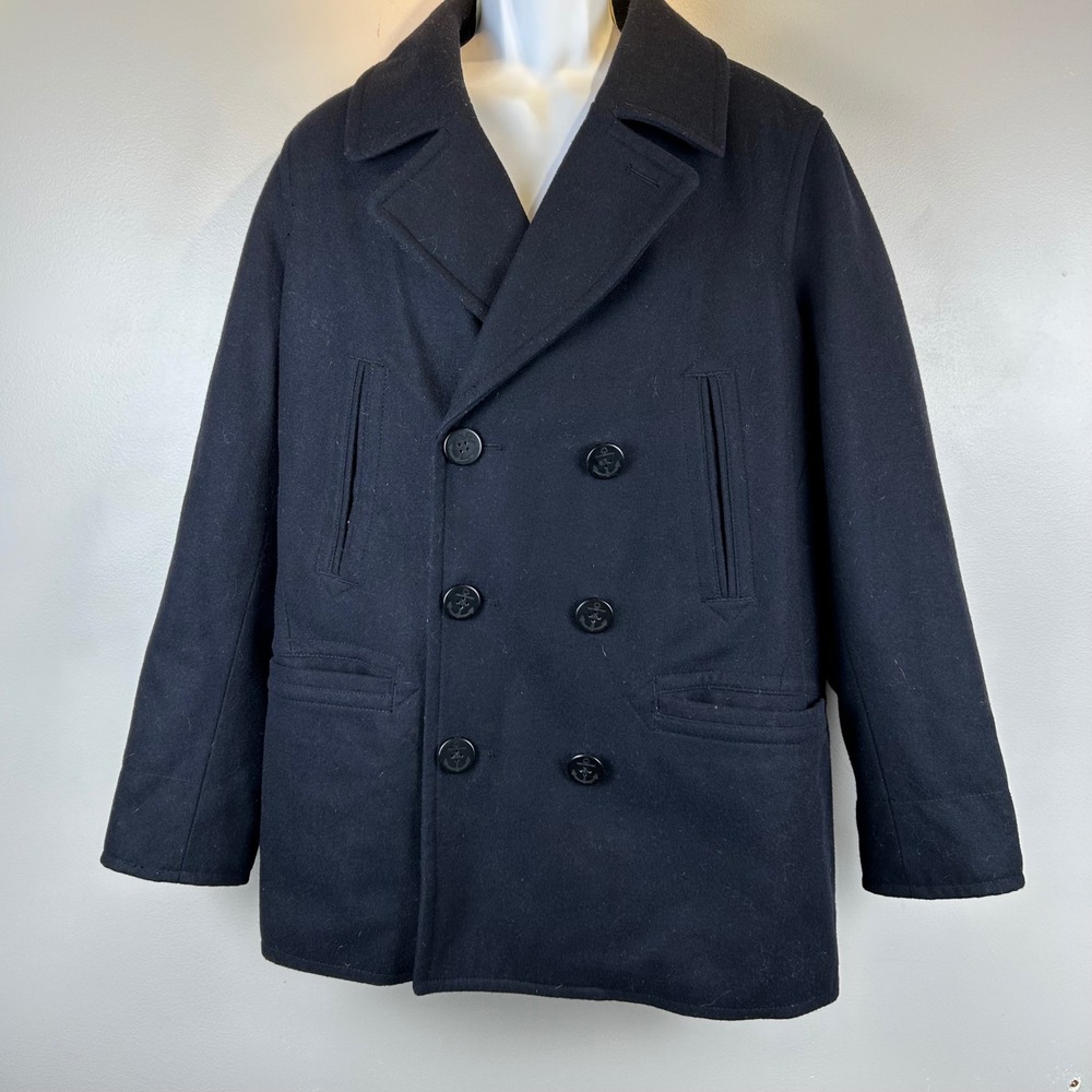 American Eagle Mens Wool Blend Pea Coat Navy Blue Anchor Button Jacket Large